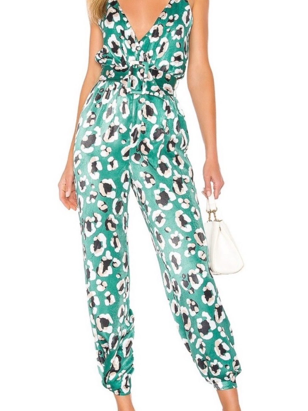 House of Harlow 1960 Green Leopard-Print V-Neck Jumpsuit